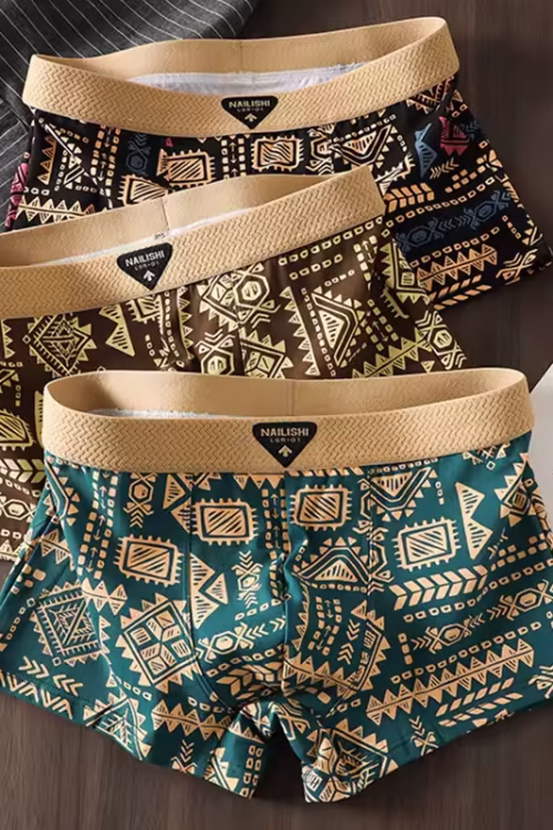 New Men's Underwear: Comfortable and Breathable Boxer Briefs, Trendy American Vintage Ethnic Style Briefs, Men's Mid-Rise Shorts